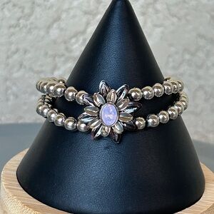 Femme Double Stranded Silver Flower Beaded Bracelet